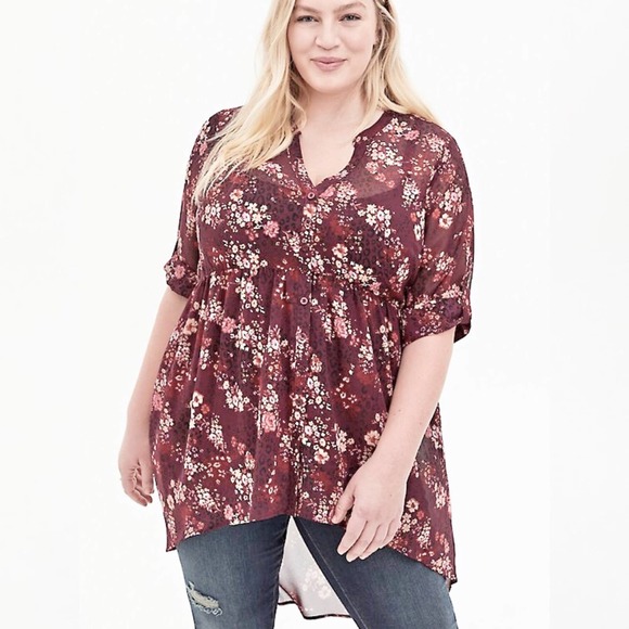 torrid Tops - TORRID Sheer Floral Chiffon Hi-Lo Tunic Top V-Neck Tab Sleeve Plus Size 2X